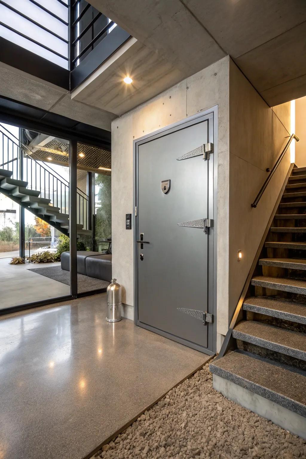 A modern steel door guarantees security and style for your basement entrance.