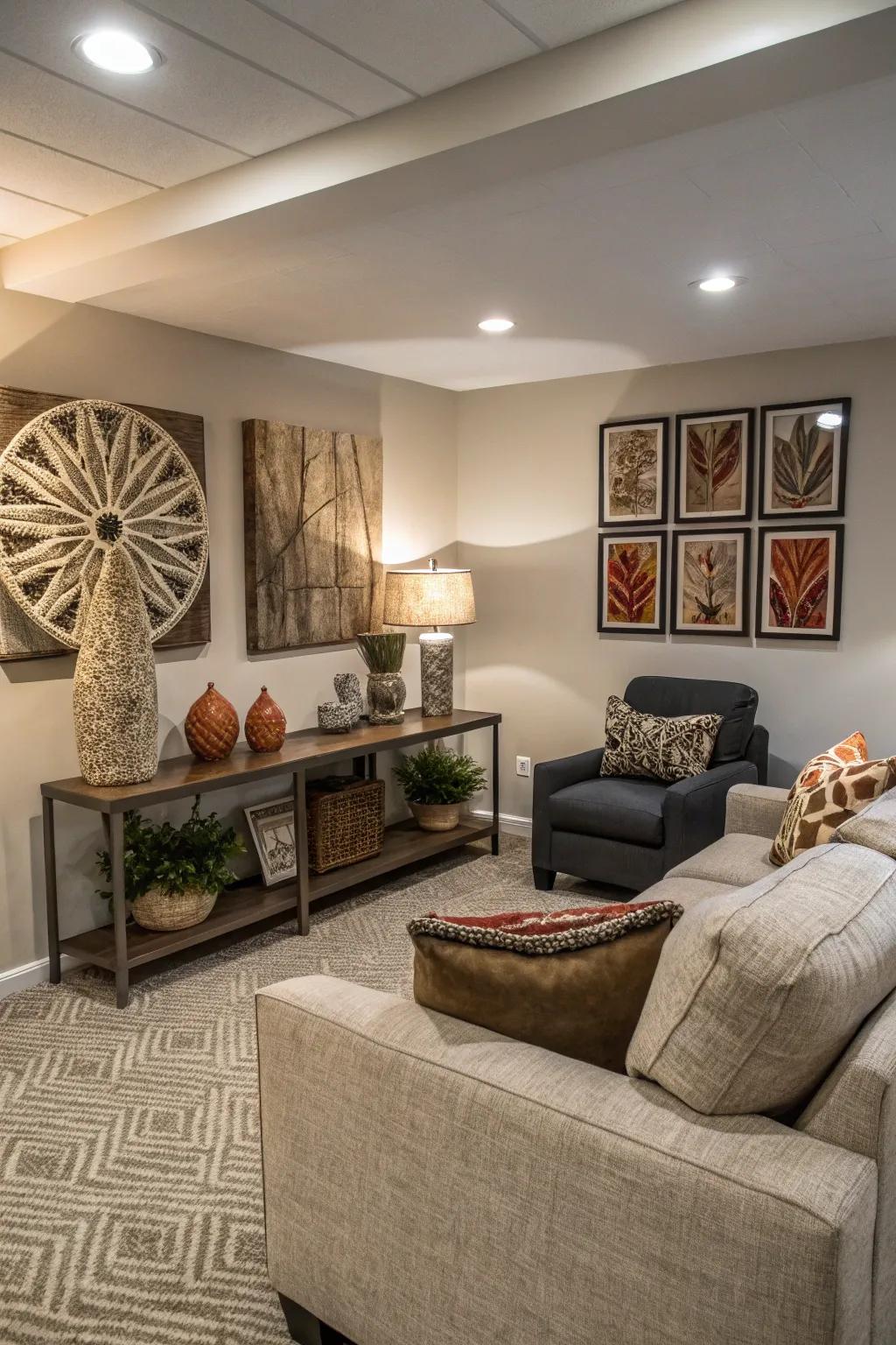 Wall art contributes a personal vibe to this stylish basement area.