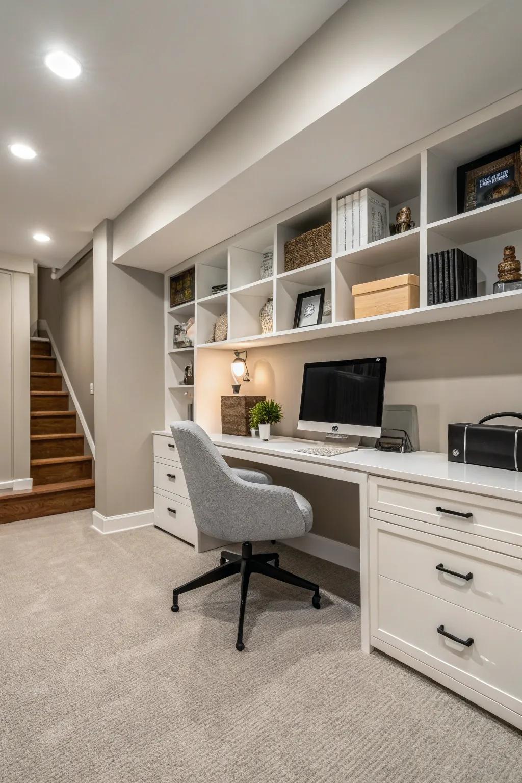 Streamlined furnishings maintain an organized and peaceful basement office.