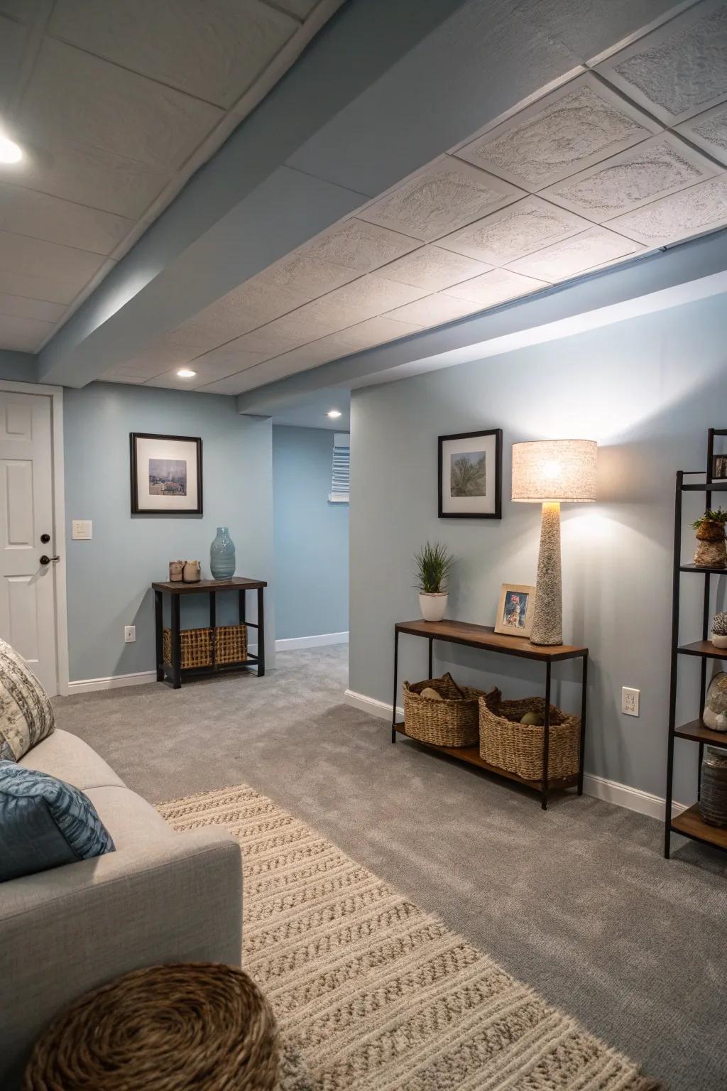 Walls painted in muted blue evoke a sense of calm and relaxation.