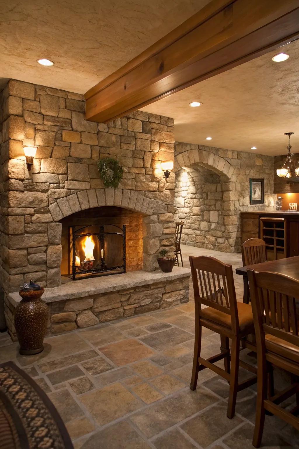 Stone panels add rustic charm and warmth to a basement setting.