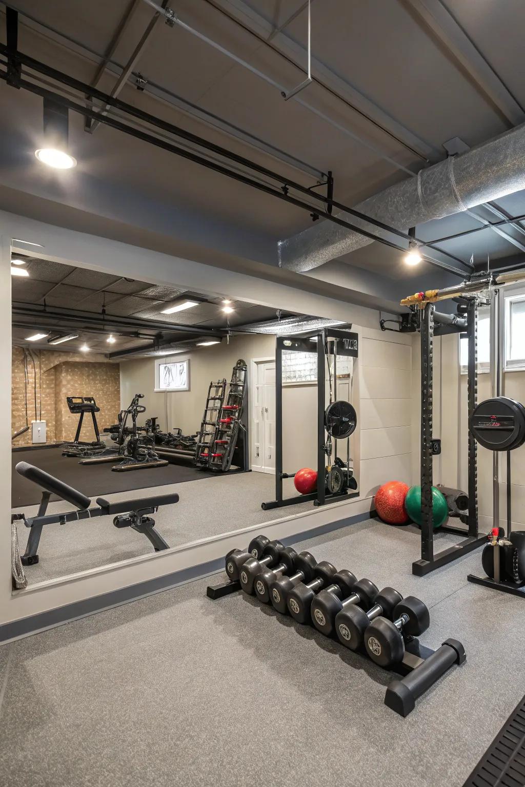 A functional home fitness center is present in the basement, outfitted with vital exercise tools and mirrored walls.