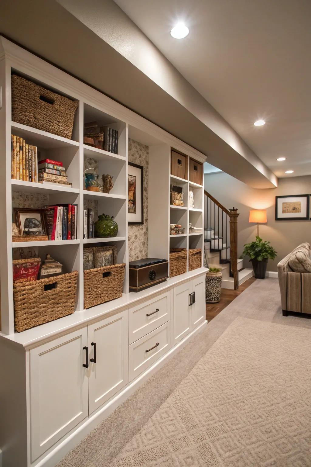 Built-in shelves establish a fluid and sophisticated storage solution.