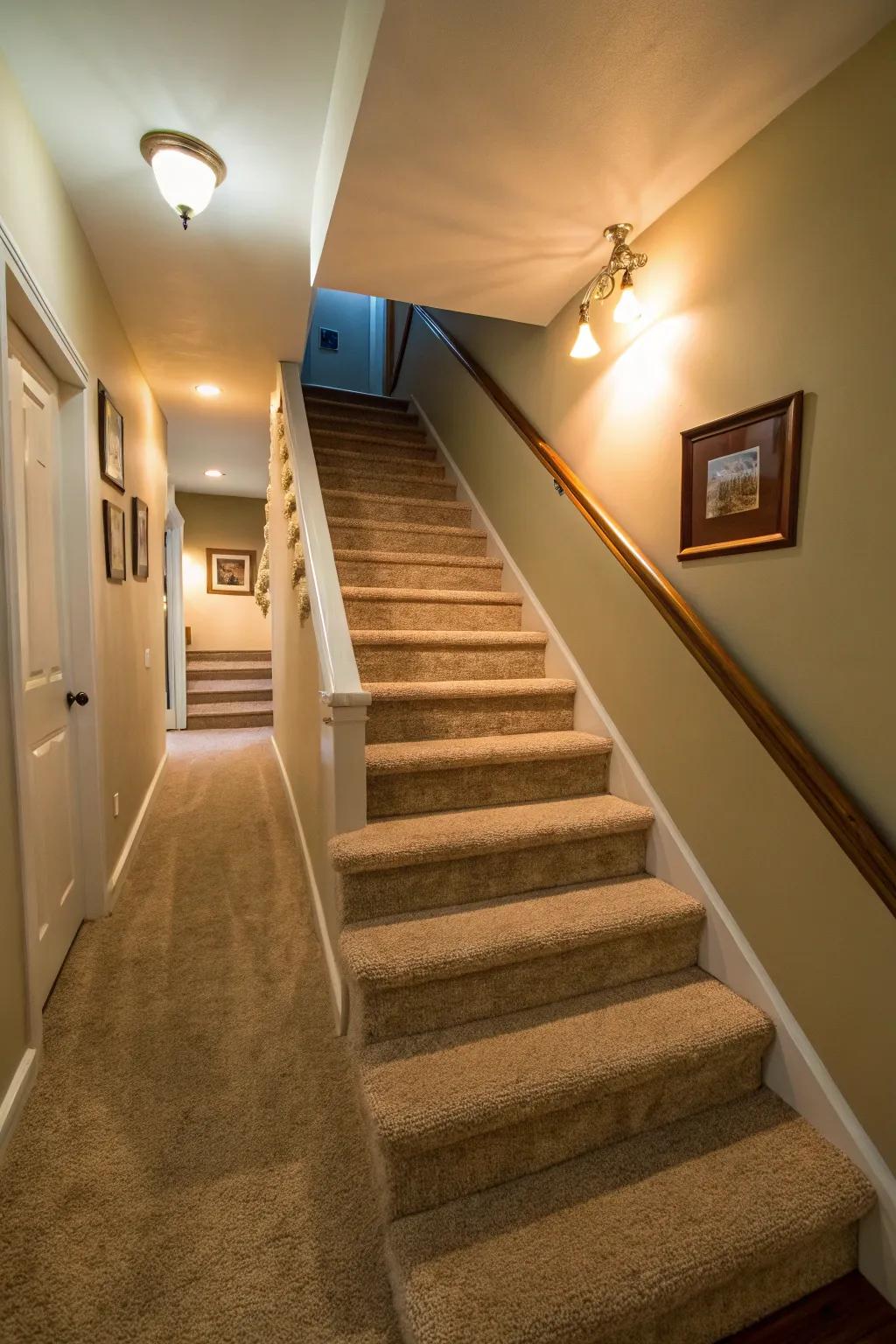 Carpeting appends comfort and safety to basement stairs.