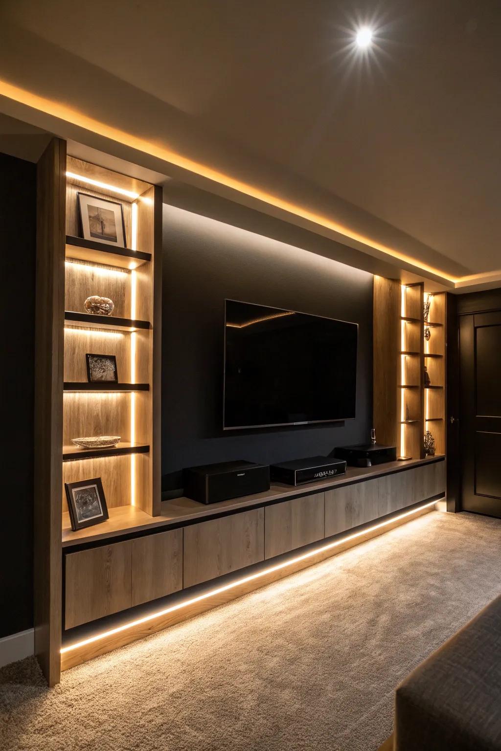 A basement TV feature illuminated with ambient illumination, fashioning a snug ambiance for leisure.