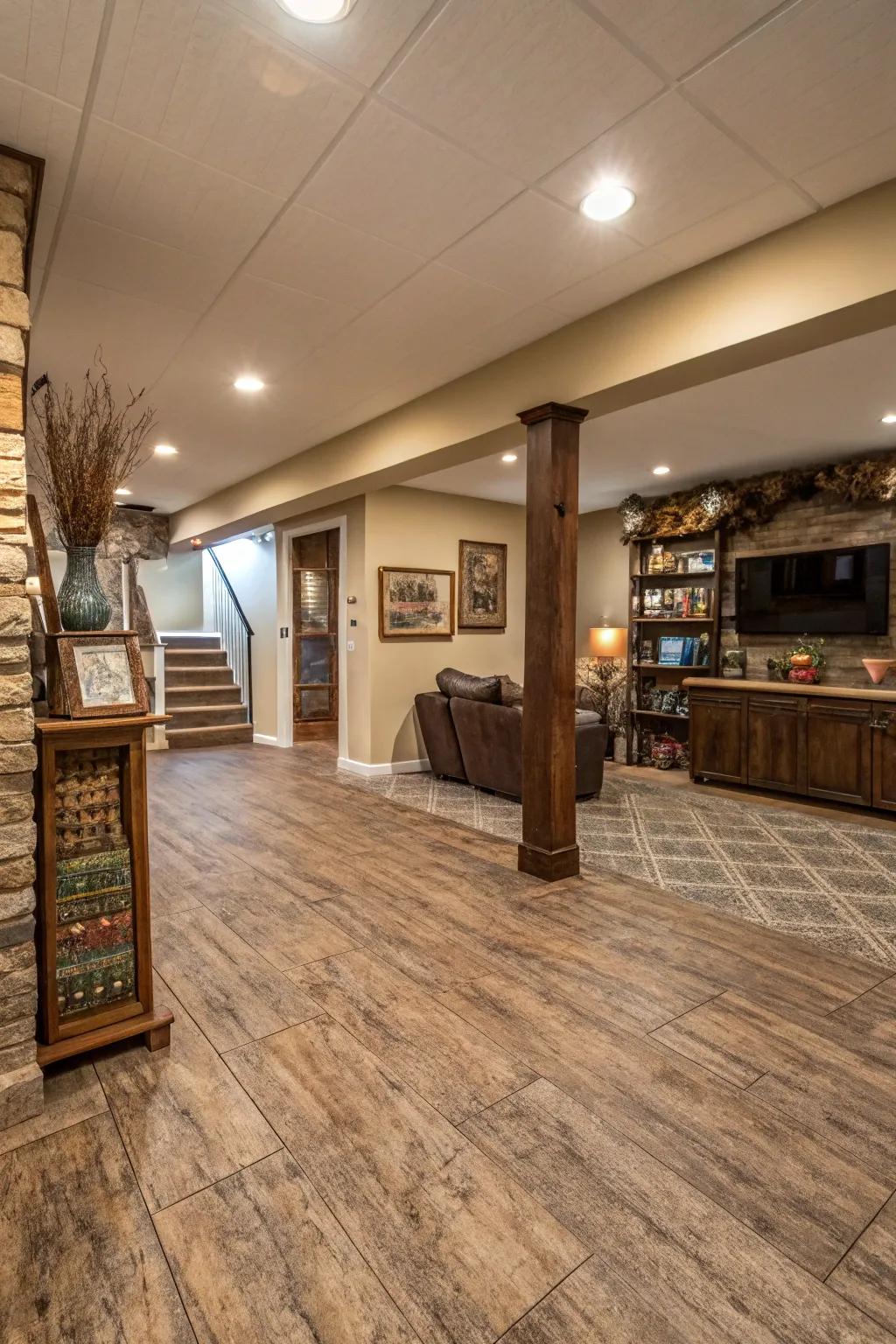 Textured vinyl flooring gives warmth and depth.