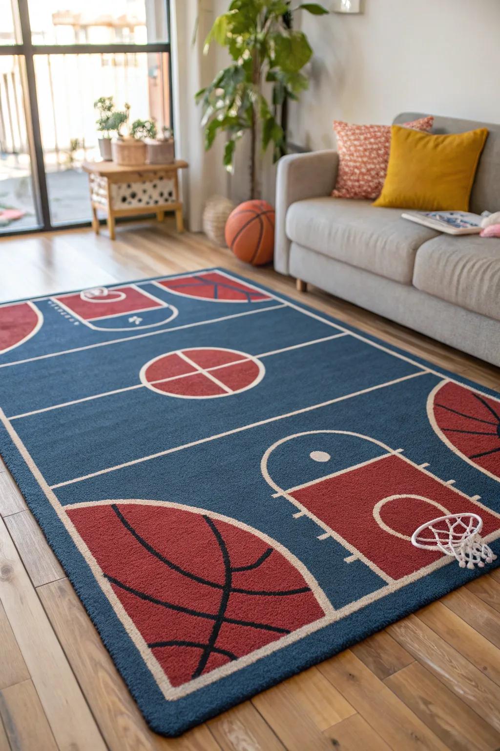 A basketball court rug injects a lively, sporty vibe into the room.