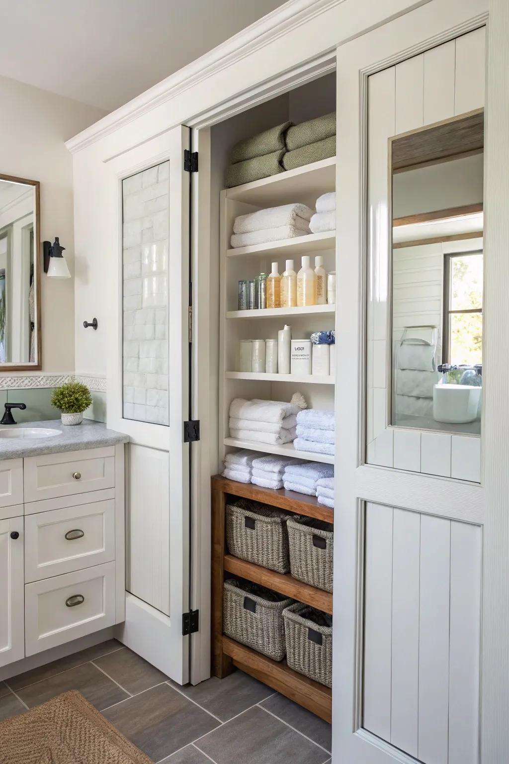 Integrated shelving enhances practicality and storage capabilities.