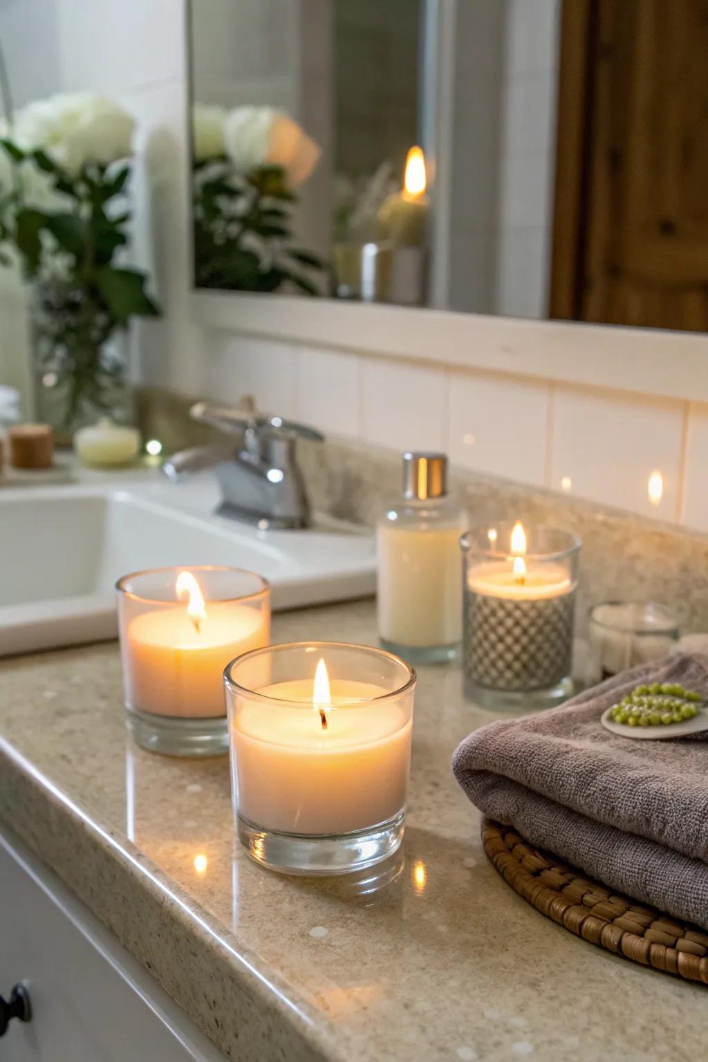 Scented tapers infuse your bathroom space with warmth and solace.
