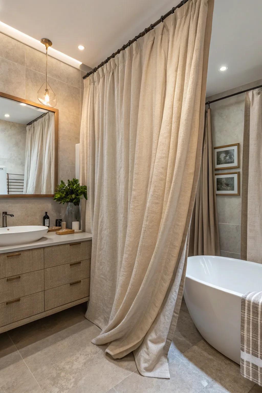 Textured textiles append a stratum of sophistication to your restroom d&eacute;cor.