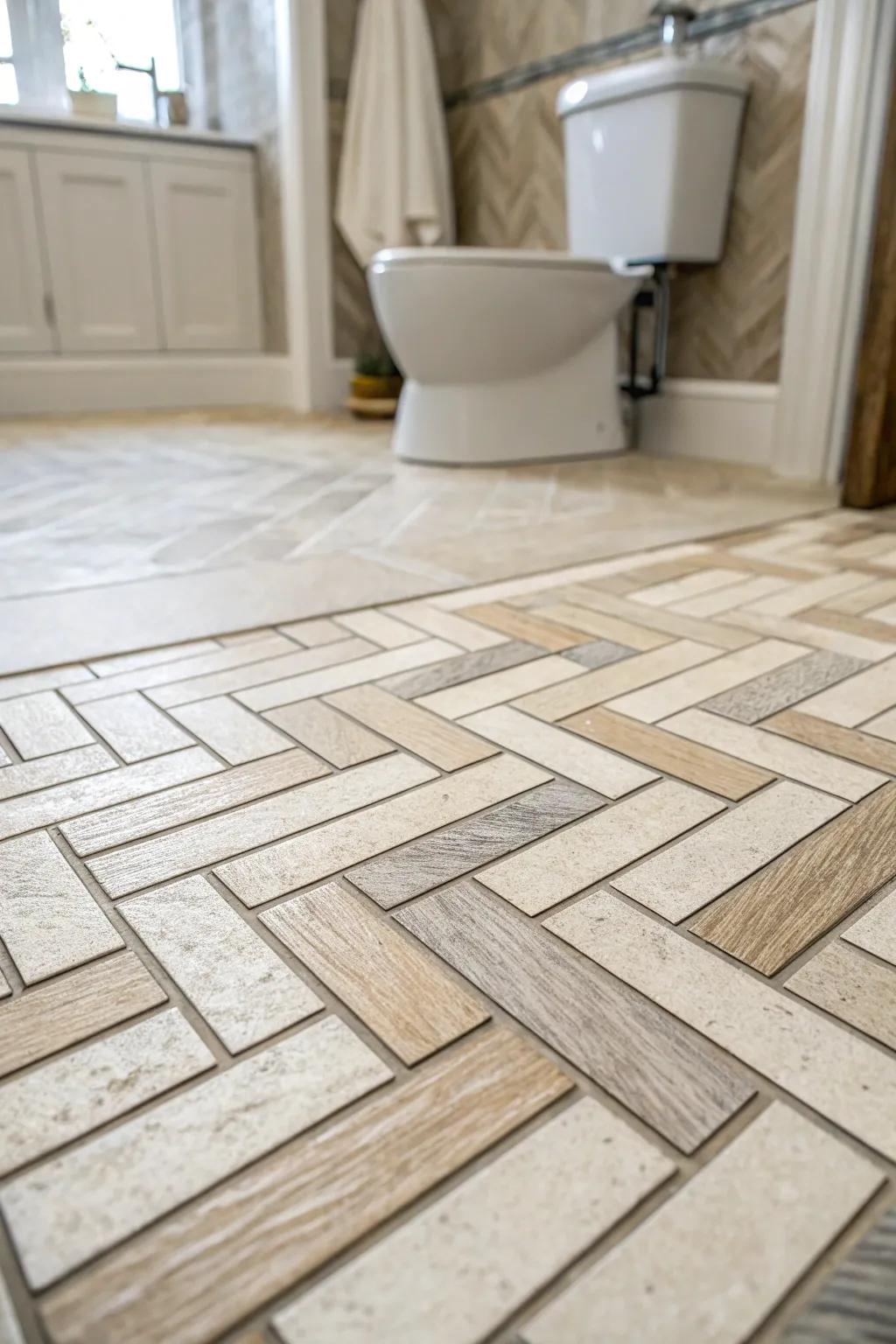 Parquet schematics instill dynamism and sophistication within restroom floors.