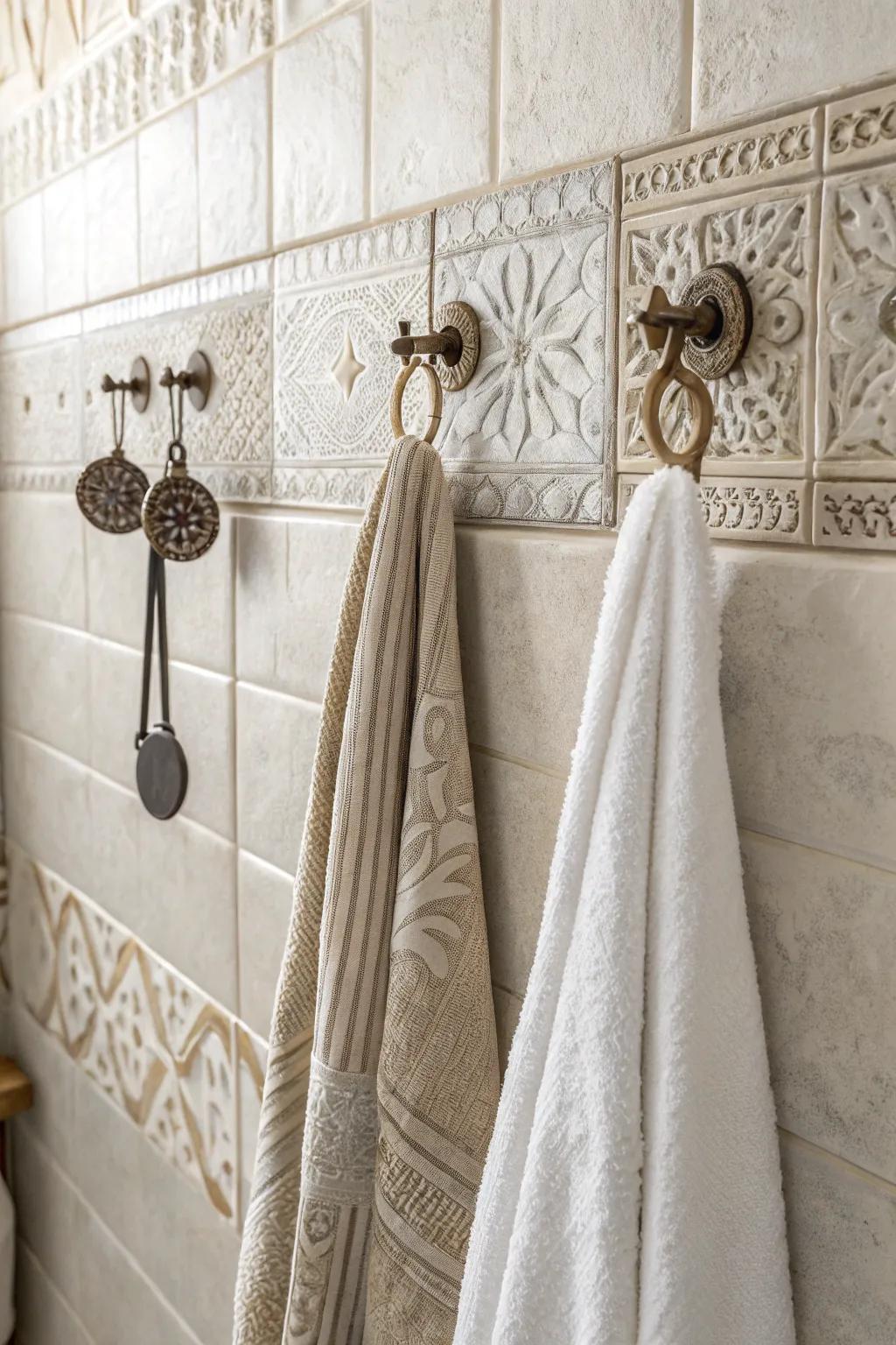 Decorative hooks are a simple way to enhance towel display.