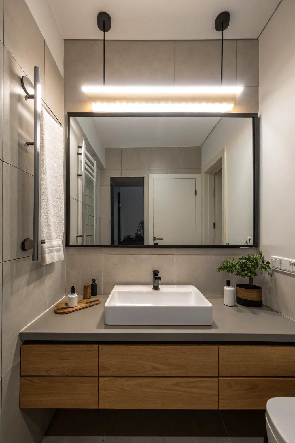 Linear lights offer a smooth and modern touch above the mirror.