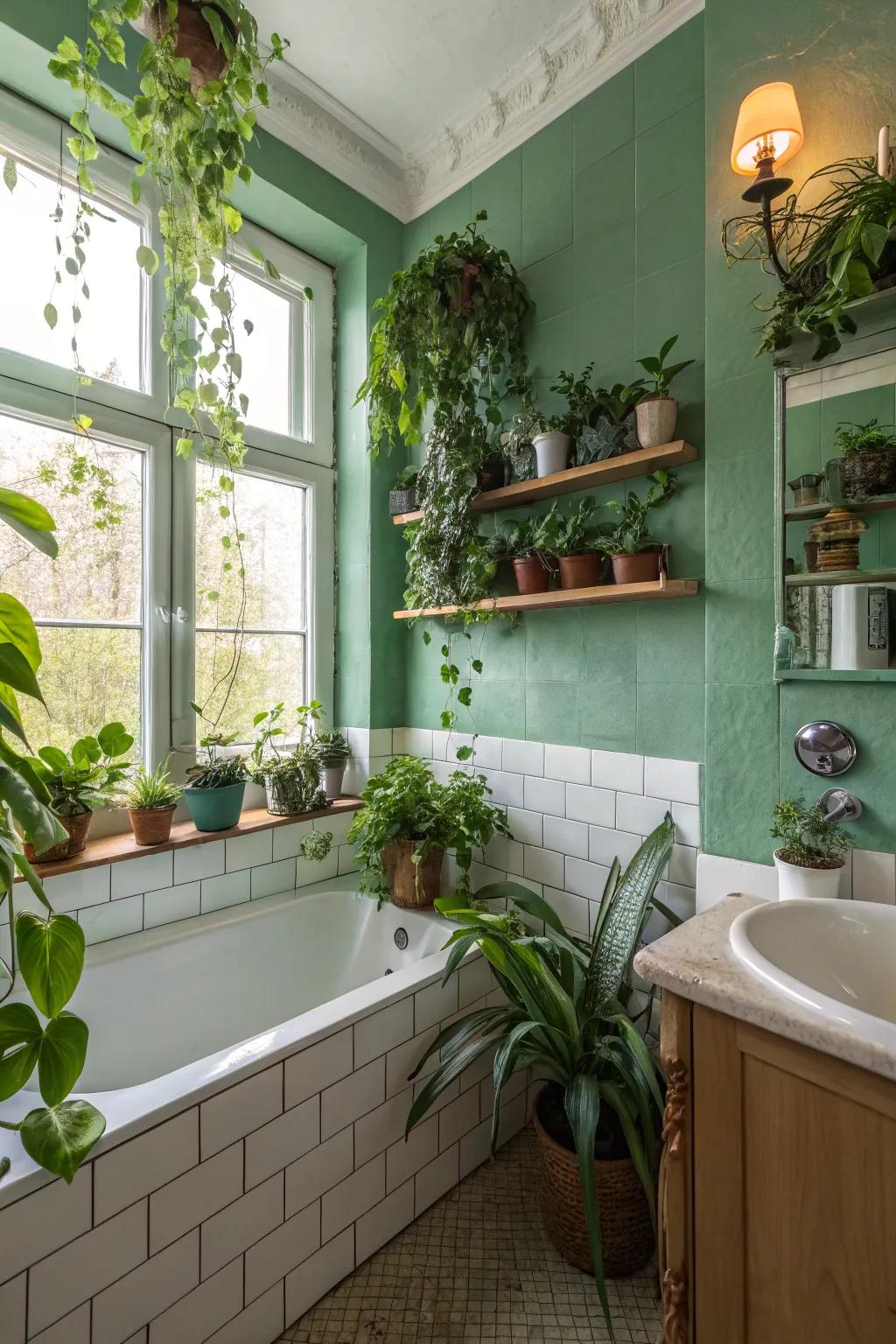 Nature-inspired greens create a refreshing bathroom atmosphere.