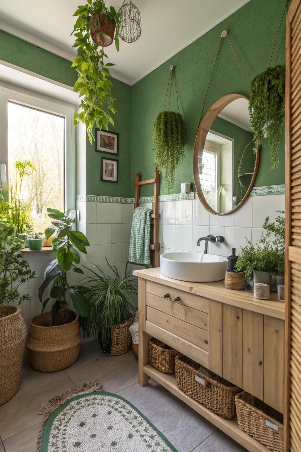 A nature-inspired bathroom with lively green walls.