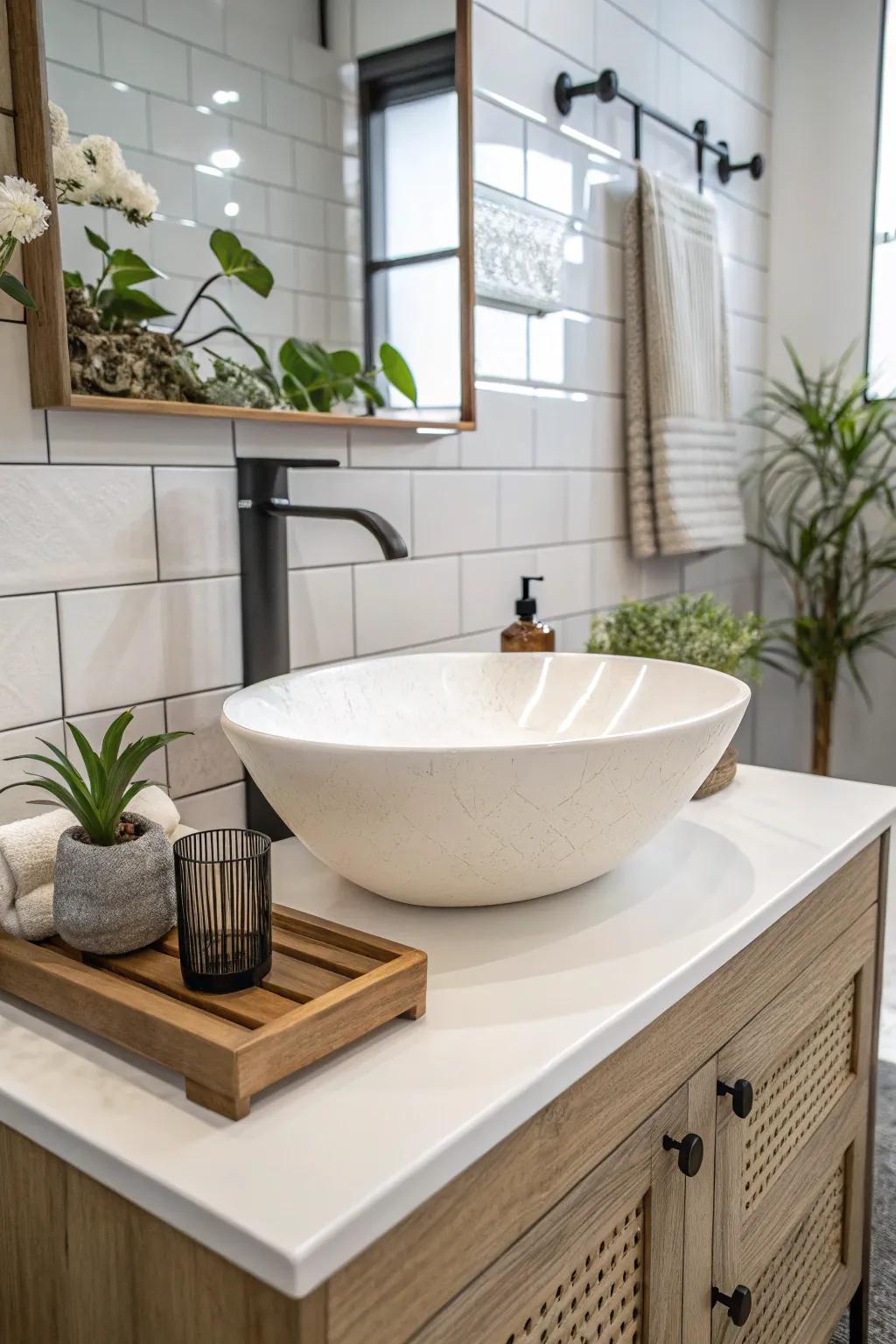A vessel sink that makes a statement as the bathroom's focal point.
