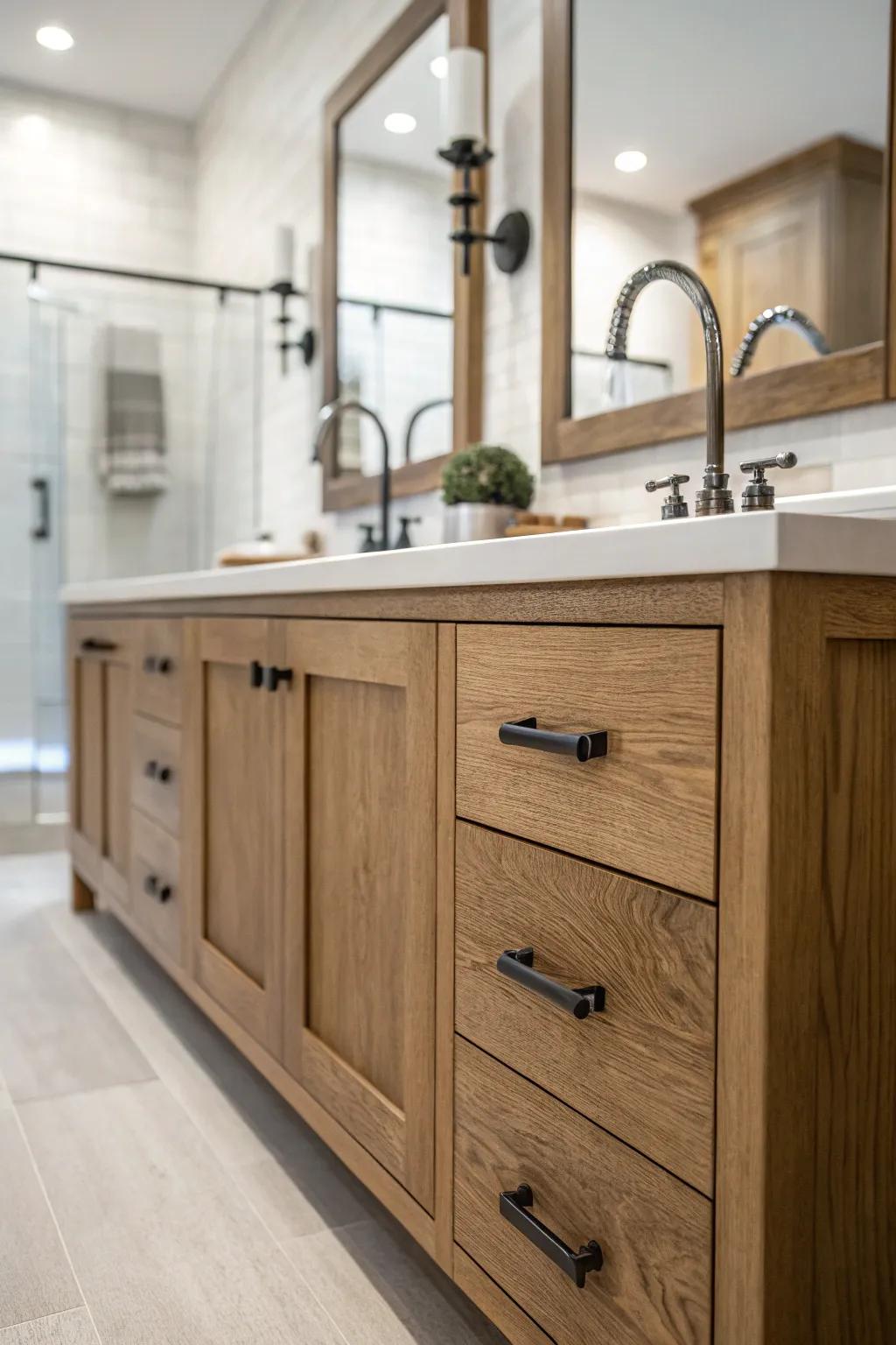 Establish a balanced vibe with a blend of materials in your bathroom's layout.