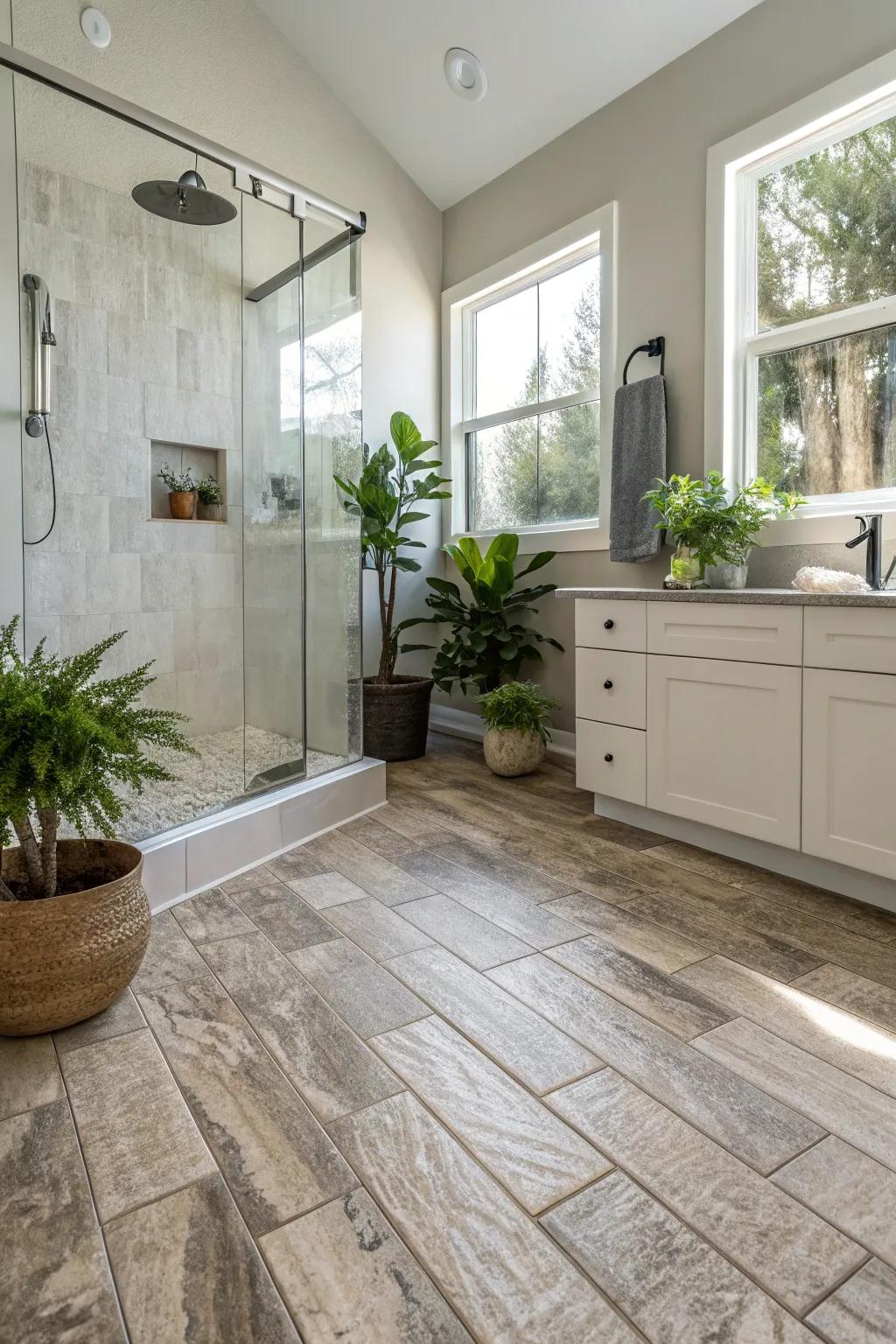 Stone-look resilient flooring brings a refined touch to this contemporary bathroom.