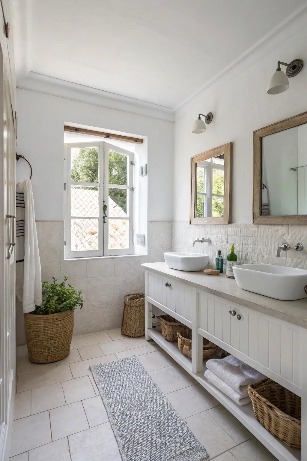 White and neutral tones create a bright and airy bathroom space.