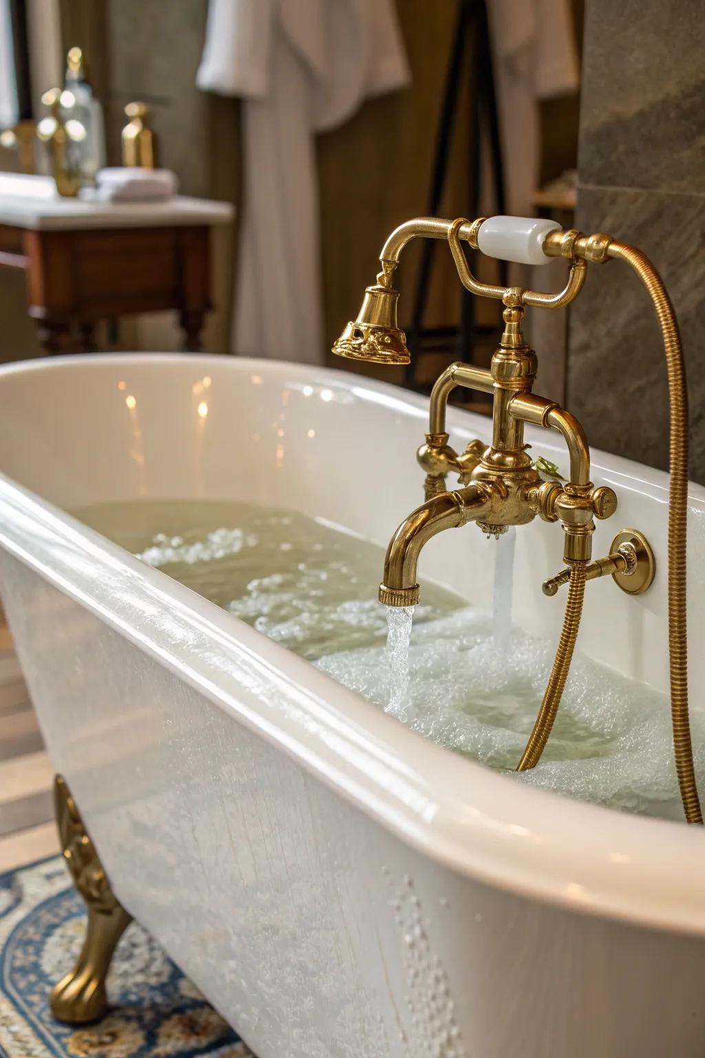 Gold hardware enriches this bathtub with a luxurious touch.