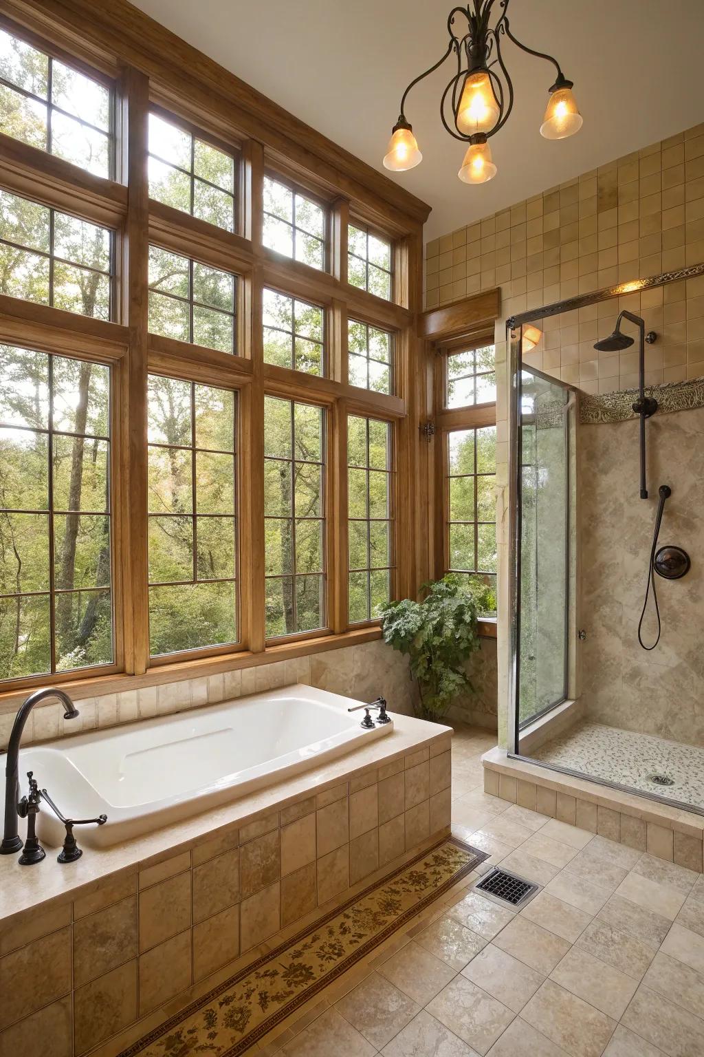 Large panes that maximize natural light in a bathroom.