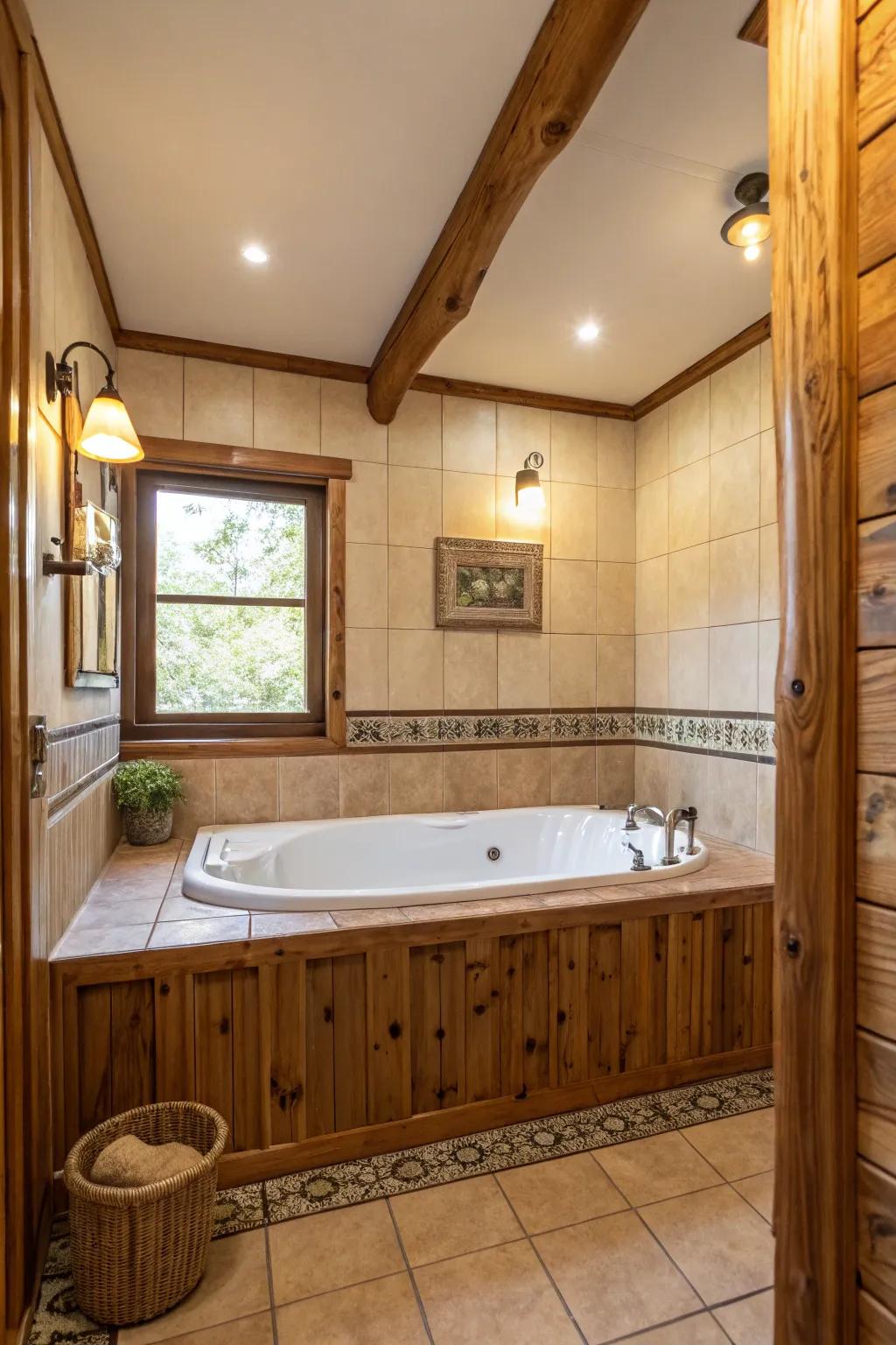 A tub encircled by wooden features for a cozy and inviting setting.
