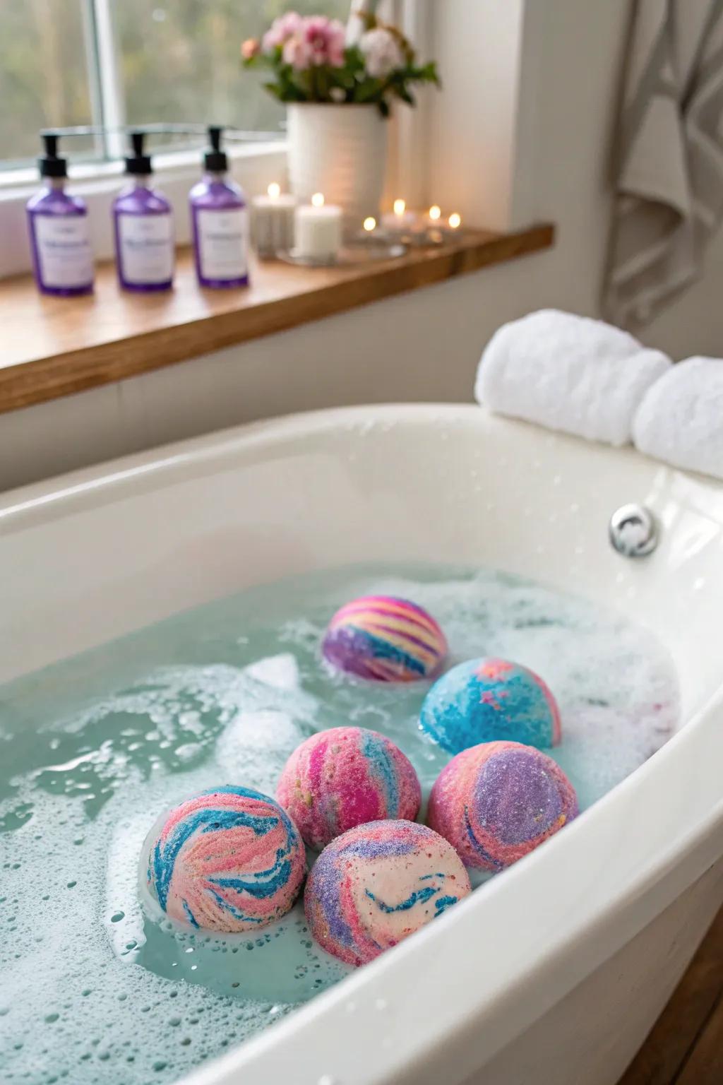 Incorporate homemade bath bombs for a colorful and aromatic soak.