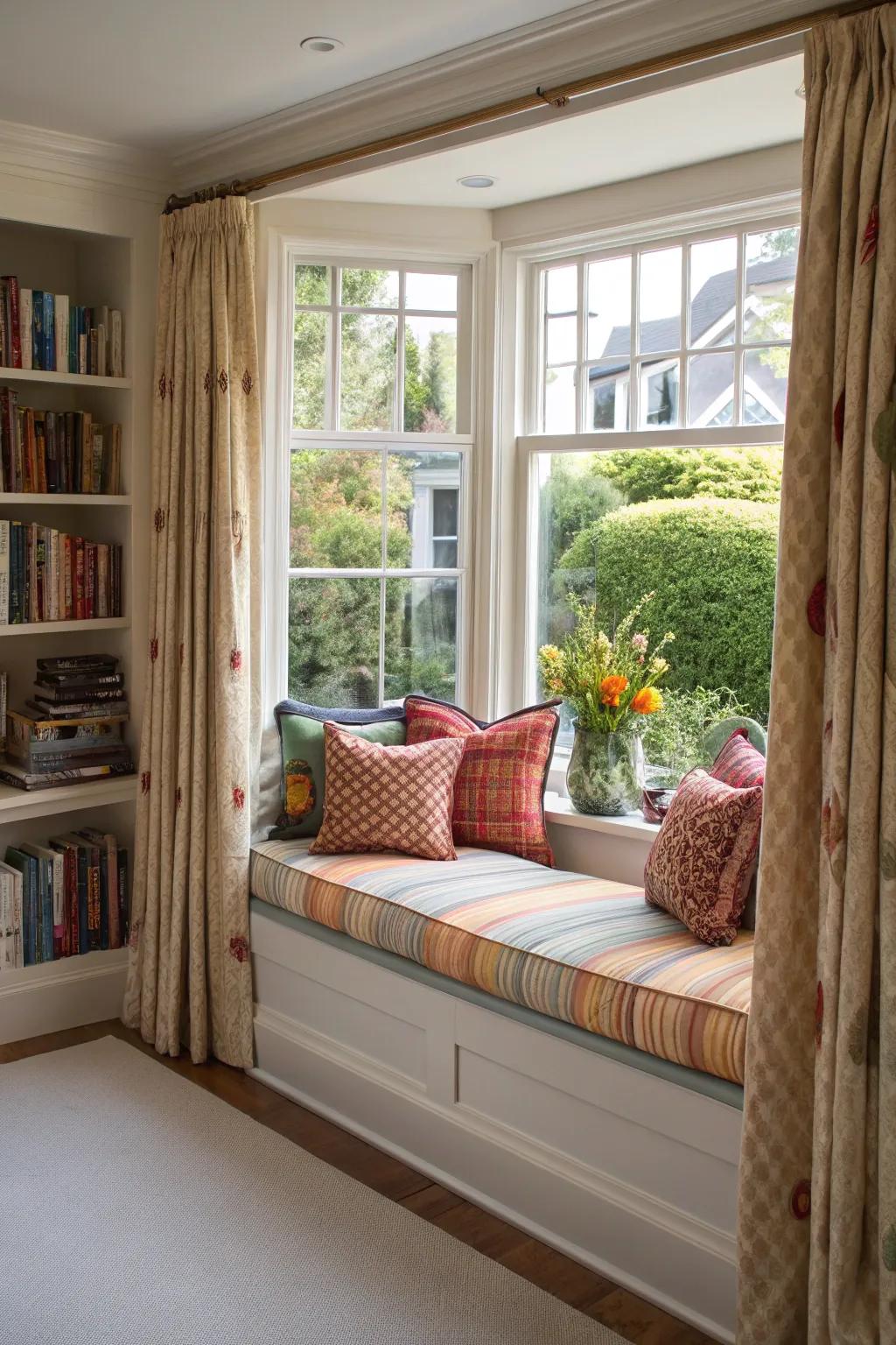 Create a cozy corner with integrated seating and matching curtains.
