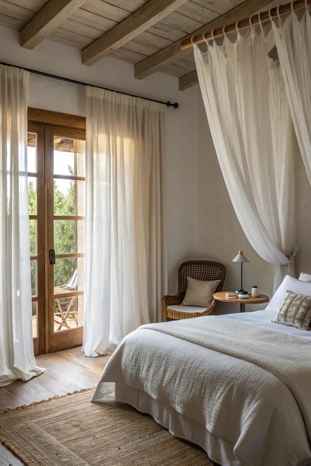 Sheer fabrics bring a refreshing ocean breeze into your bedroom.