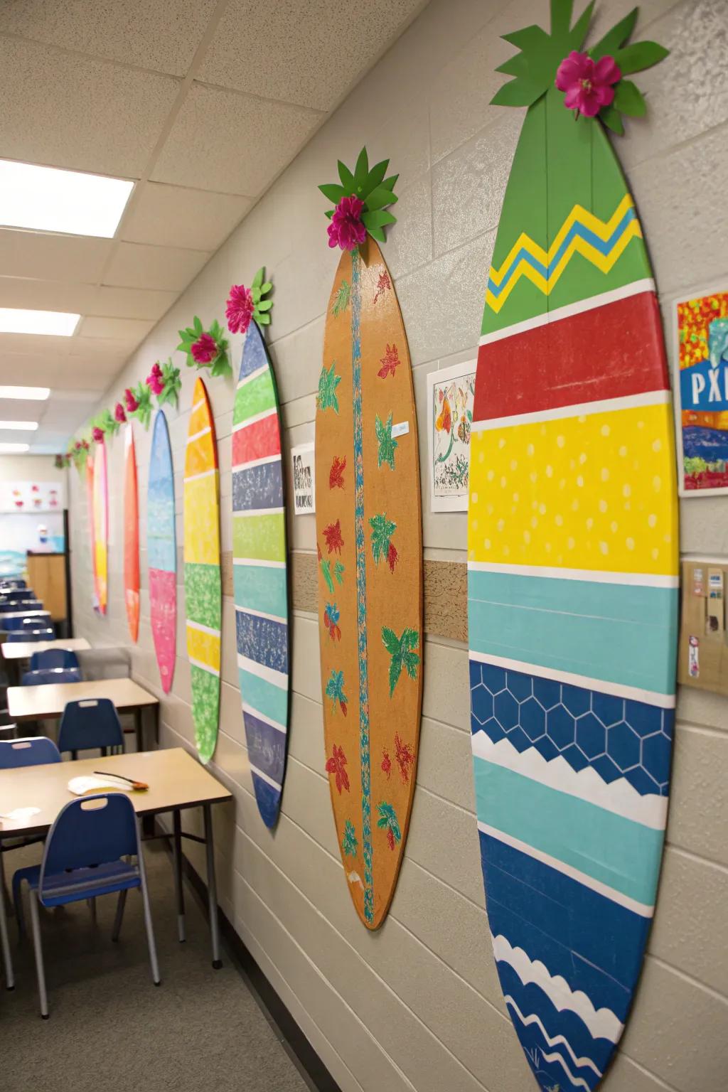 Imaginative DIY surfboard decor adds a vibrant splash of color and playful charm to the classroom walls.
