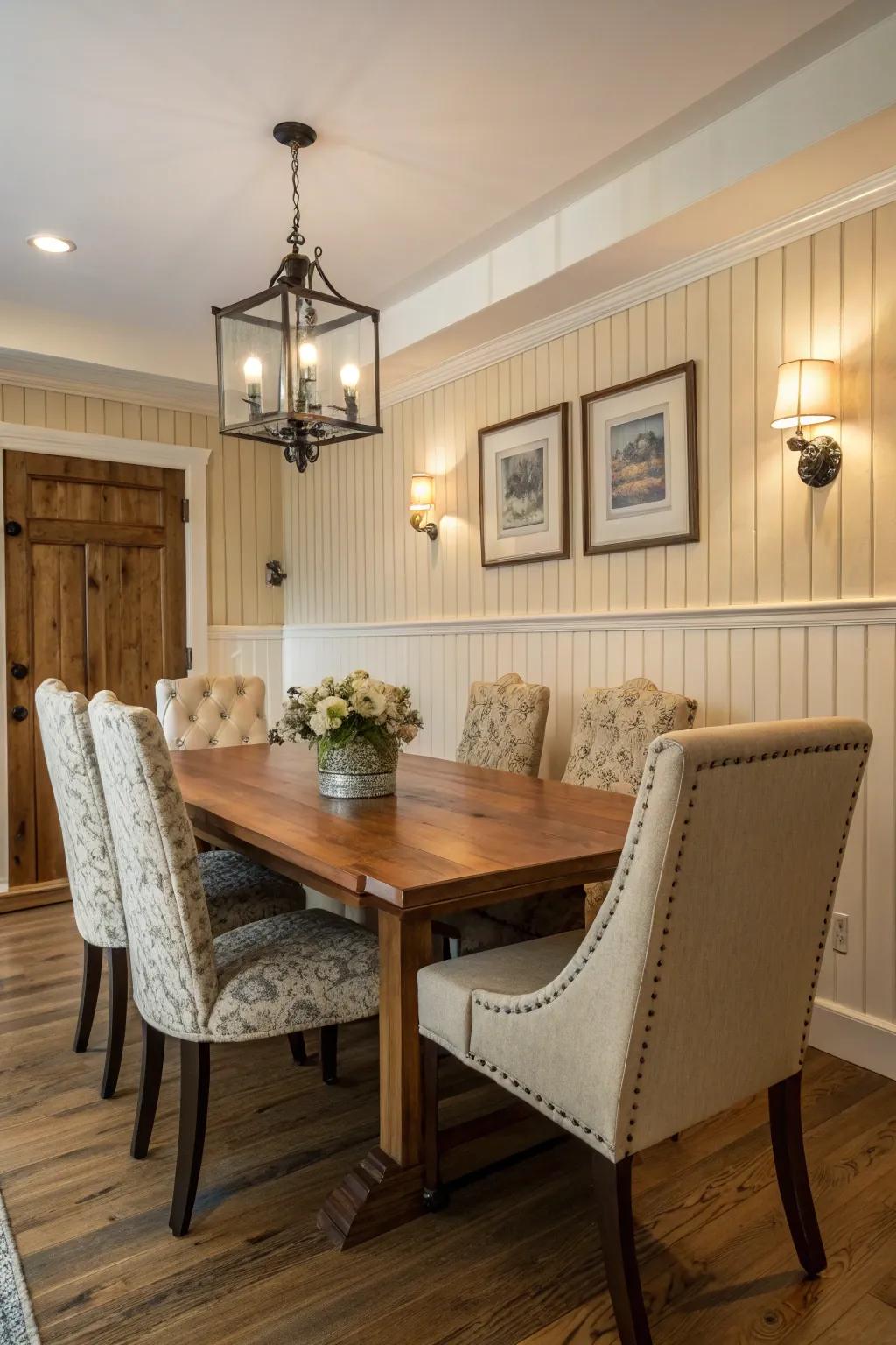 A beadboard accent wall adds texture to dining rooms.