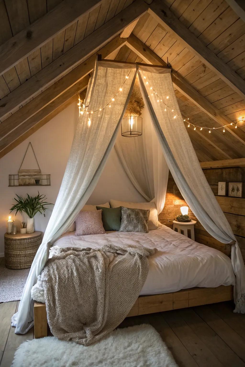 A draped canopy transforms a small sloped area into a cozy refuge.