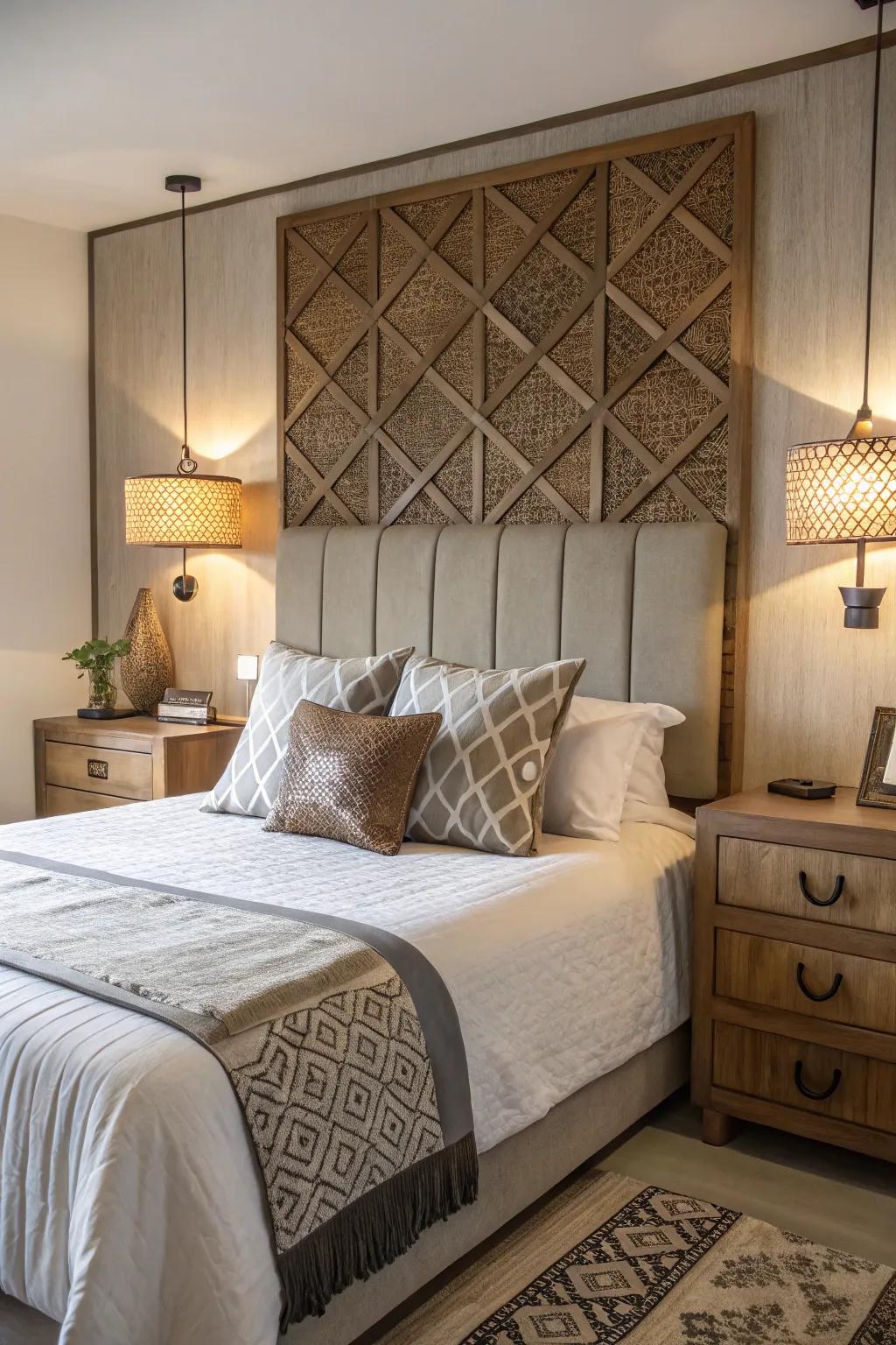 An inventive headboard serves as a striking center point in any bedroom.