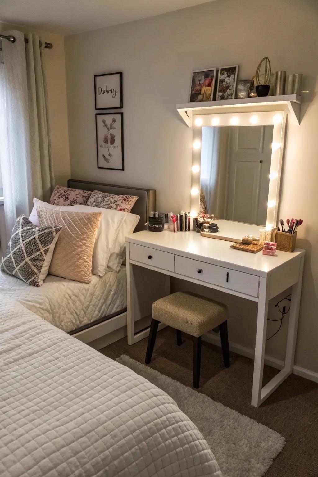 A dual-function corner with bed and workspace.