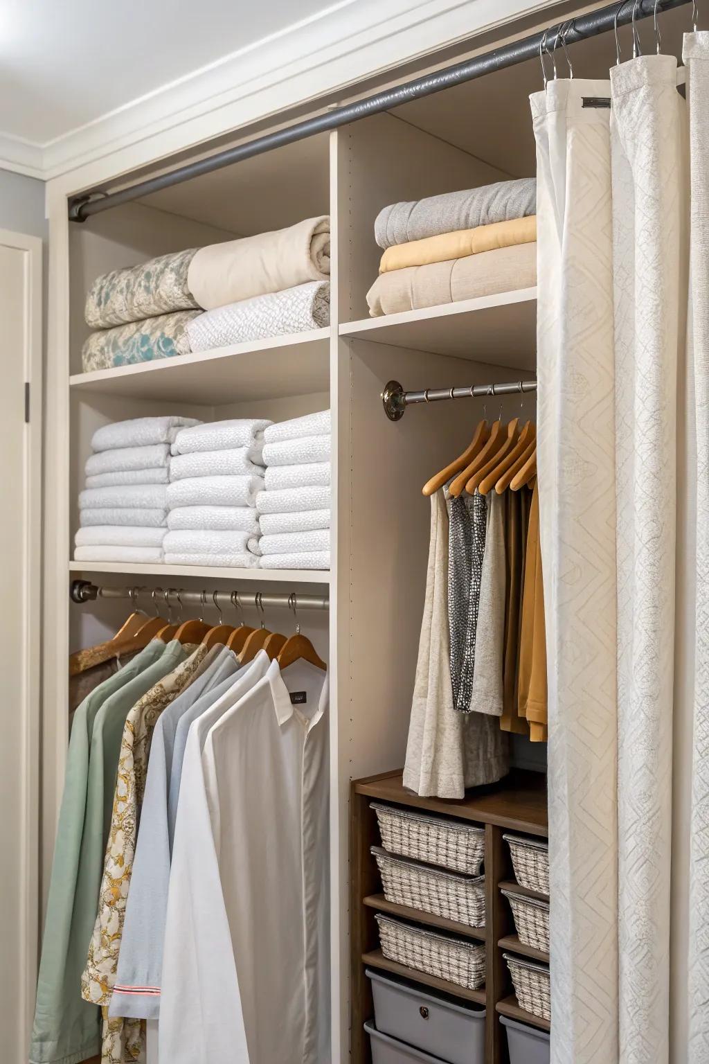 Hanging storage keeps sheets wrinkle-free and maximizes space.