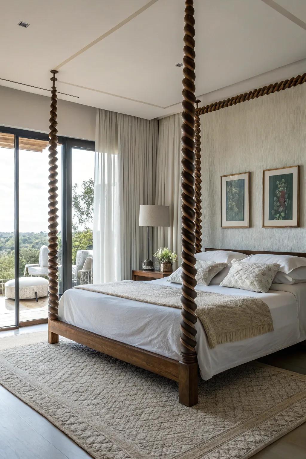 Spiraled bedposts provide a lively visual interest to your décor.
