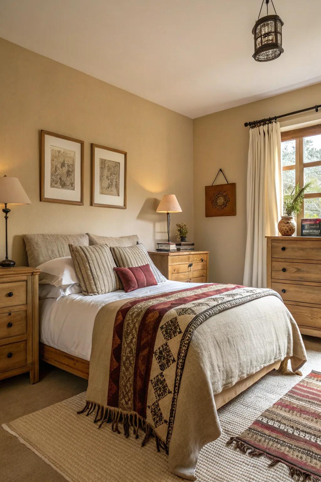 Comforting neutrals shape a versatile and snug bedroom setting.