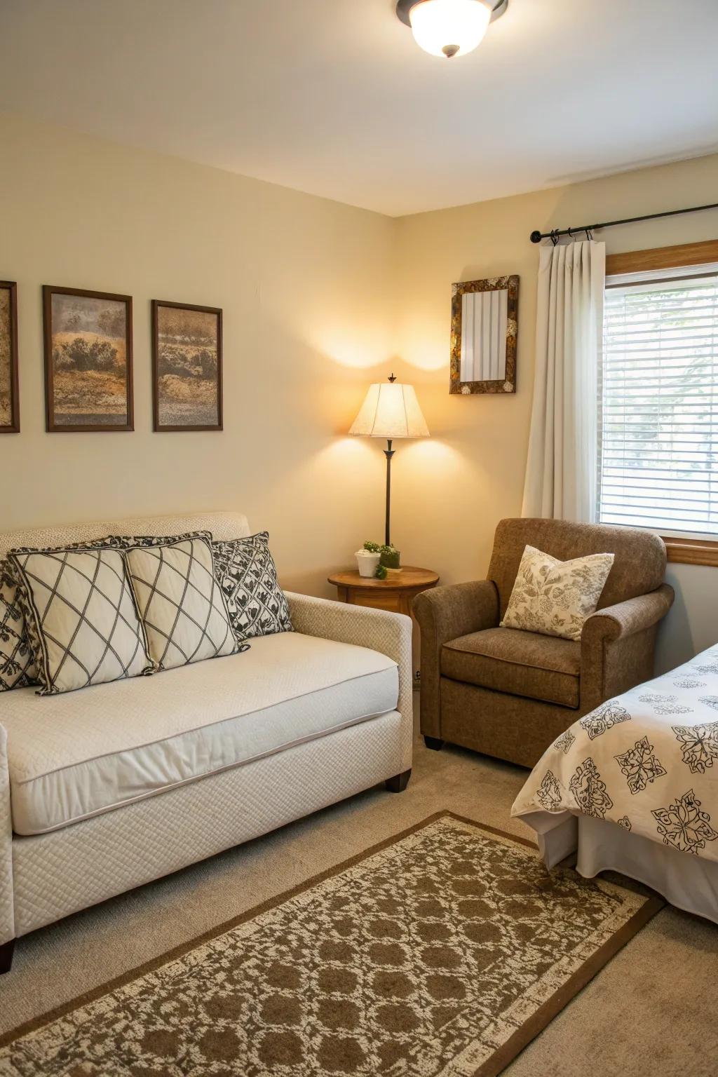 A small bedroom enhanced by a cozy settee, ideal for personal relaxation.