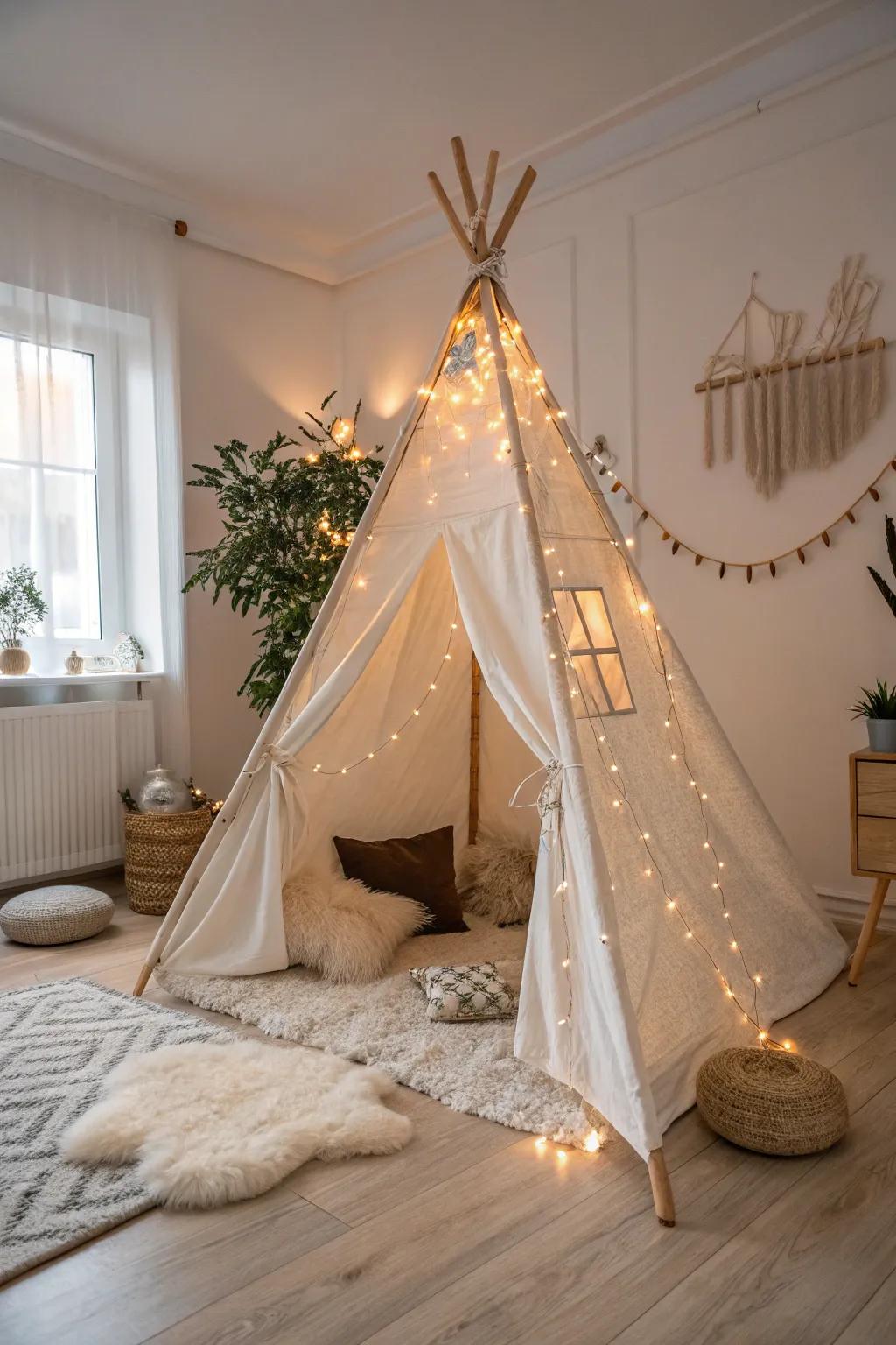 Fashion your personal whimsical haven with this sophisticated bohemian teepee, ideal for a minimalist bedroom.