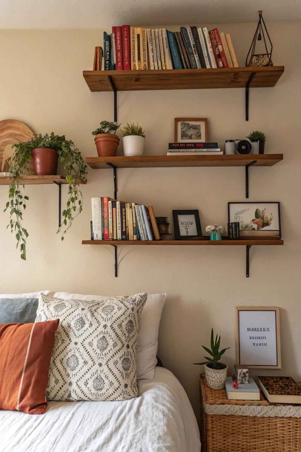 Wall-mounted shelving enhances space stylishly.