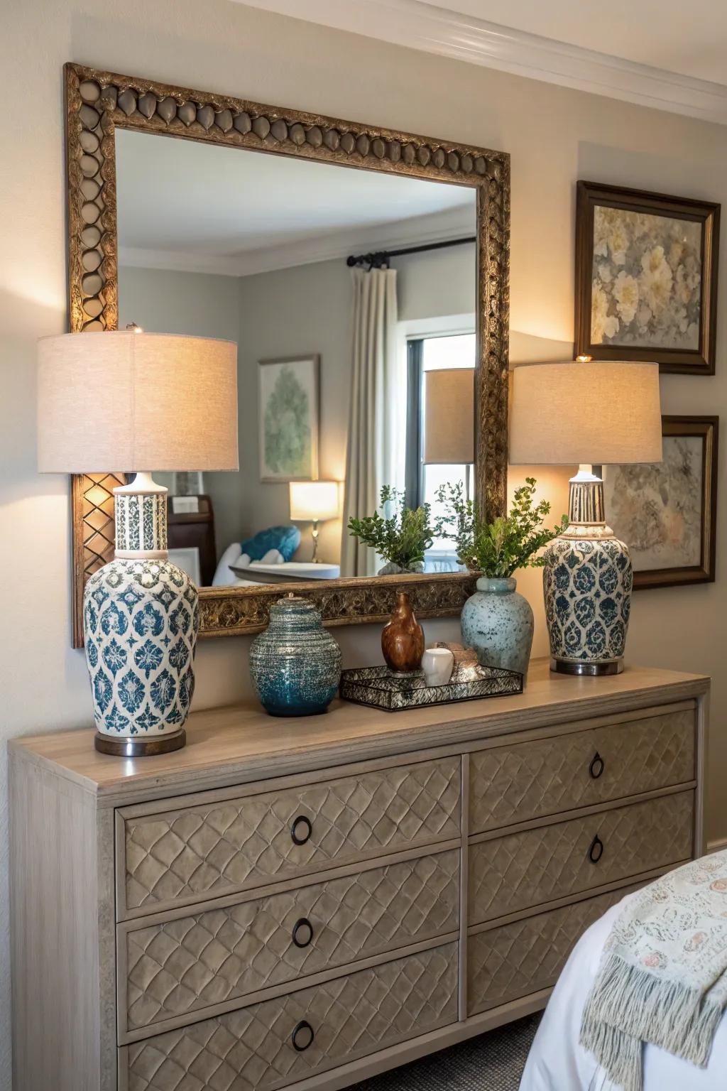 A dresser adorned with a mirror, adding both elegance and practicality to the bedroom.
