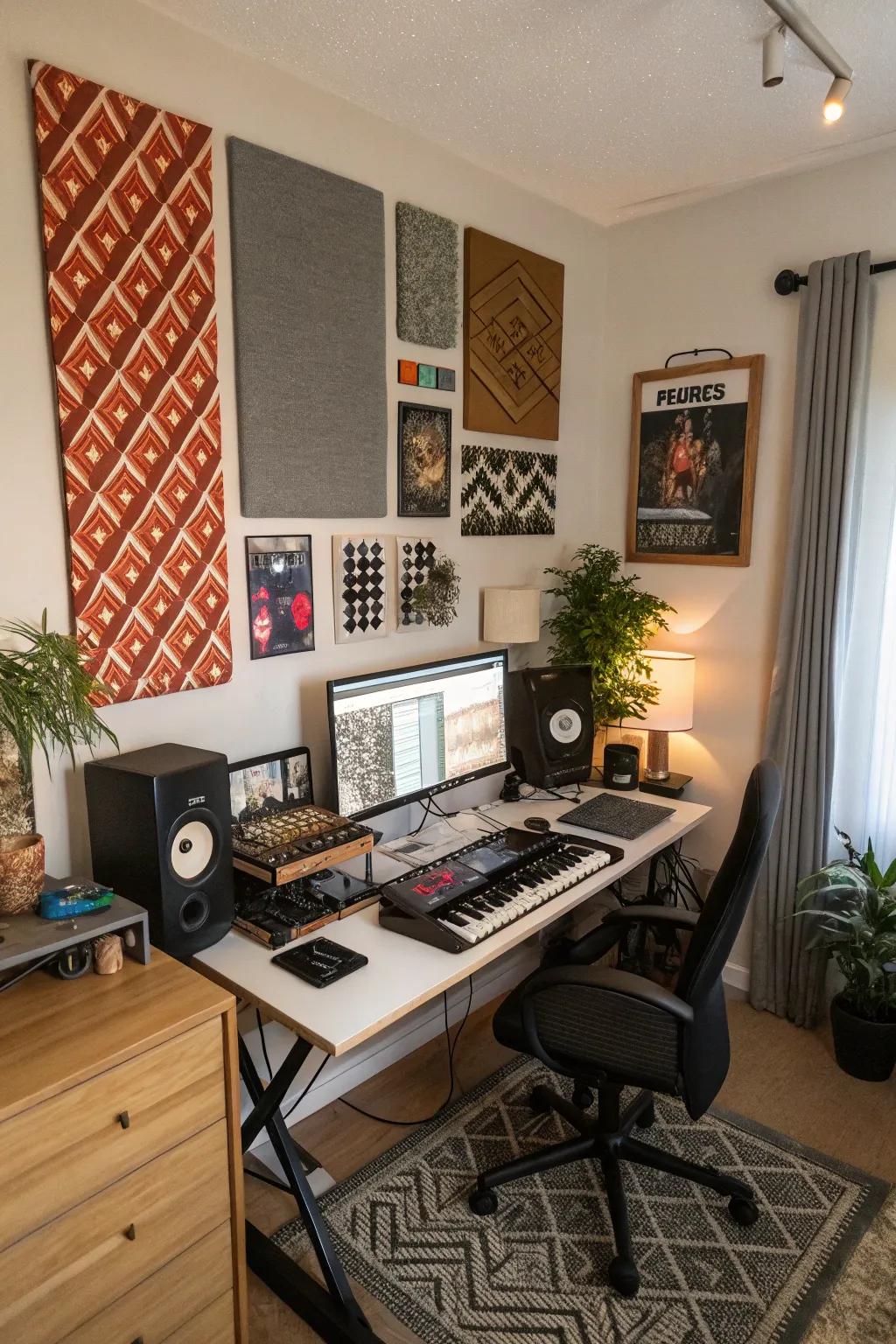Acoustic panels offer both sound treatment and aesthetic qualities in a home-based setup.