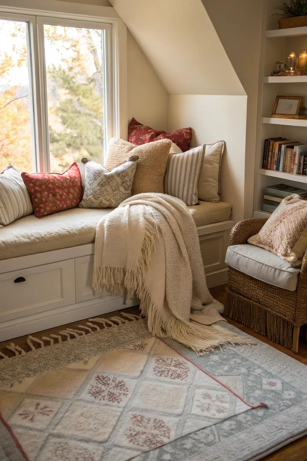A comfortable bedroom nook rich in textiles, featuring cushions, blankets, and a soft rug.