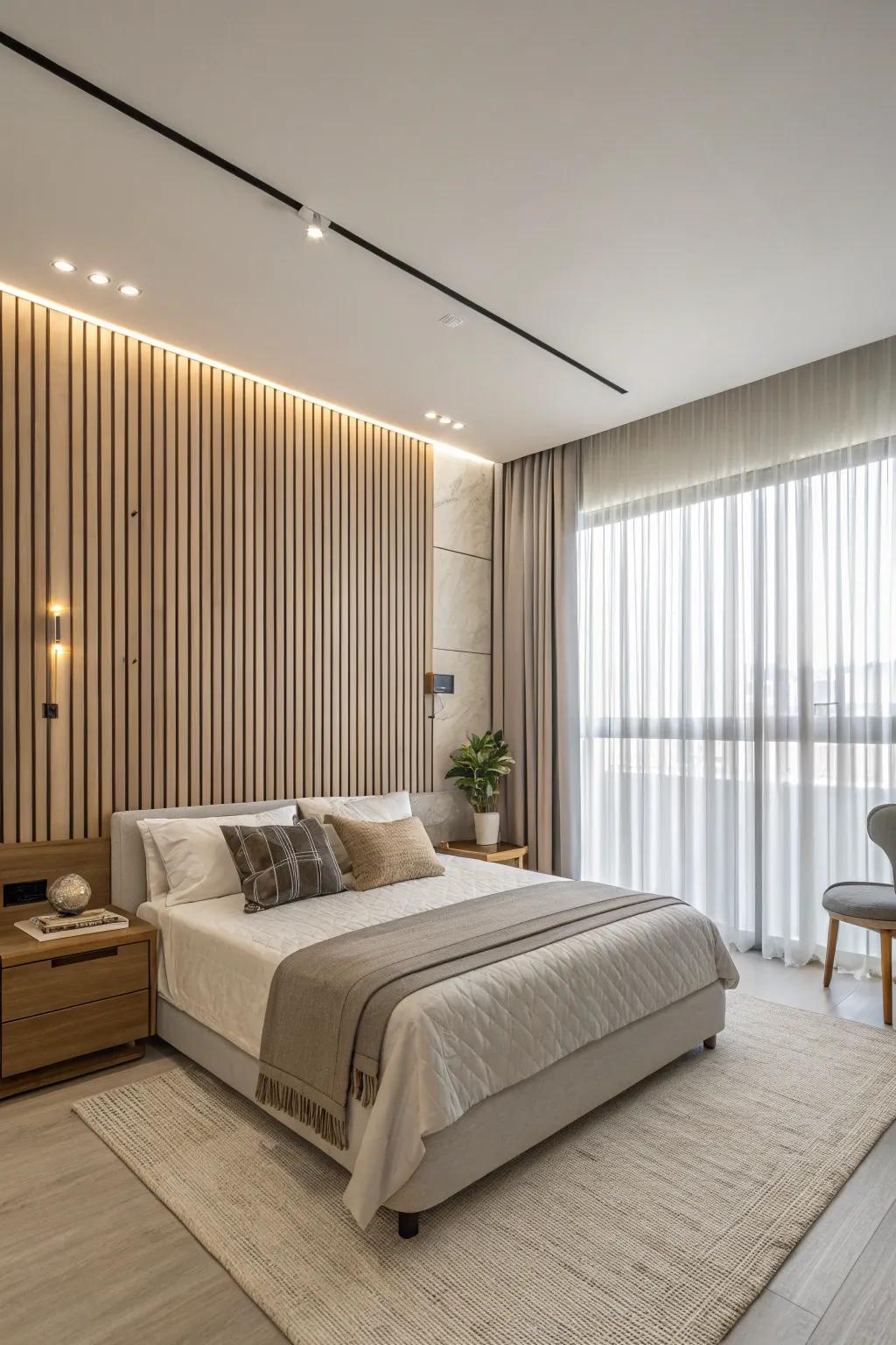 Vertical slats enhance the perception of height in your bedroom.