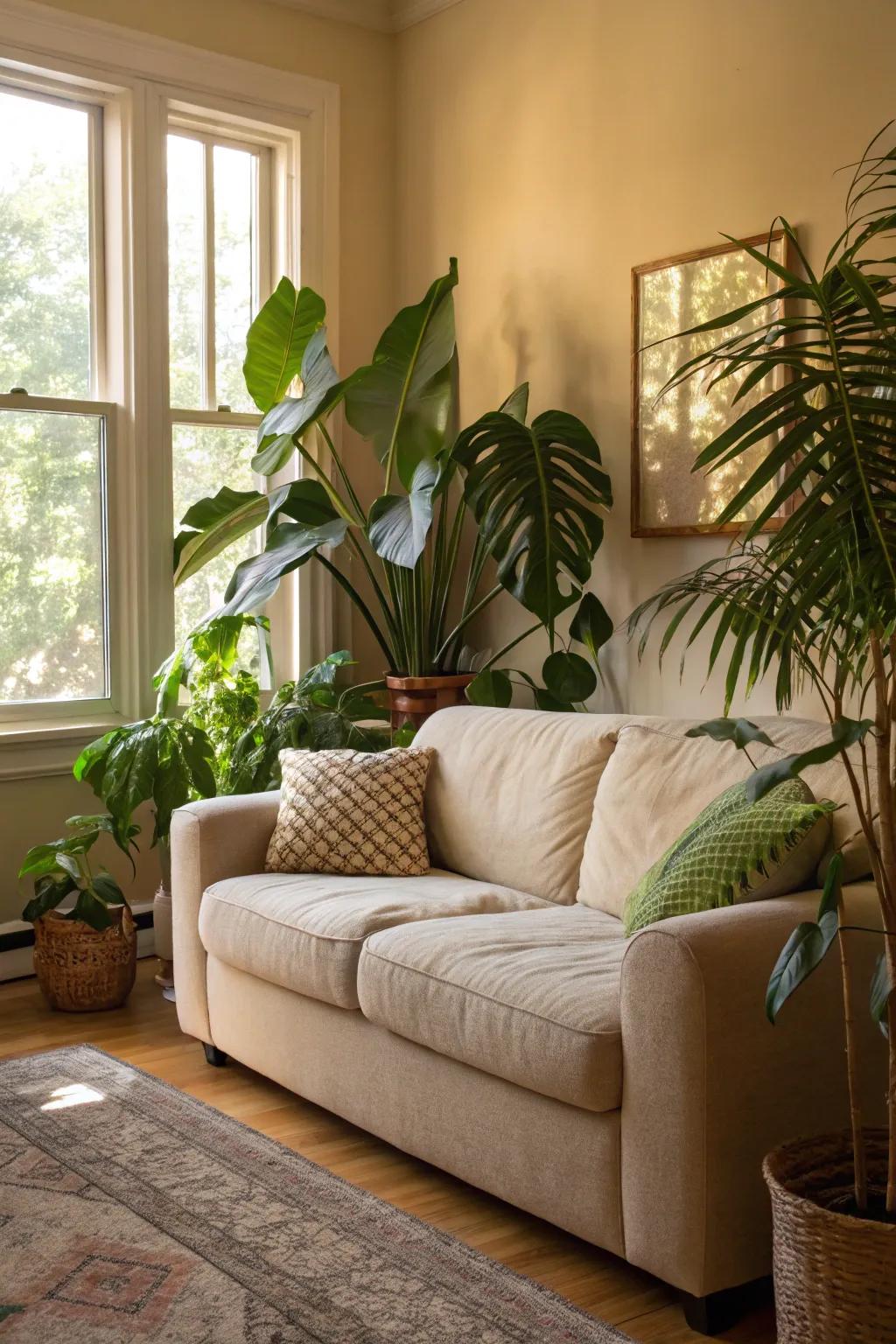 A refreshing living space with a wheat-toned sofa and bright greenery.