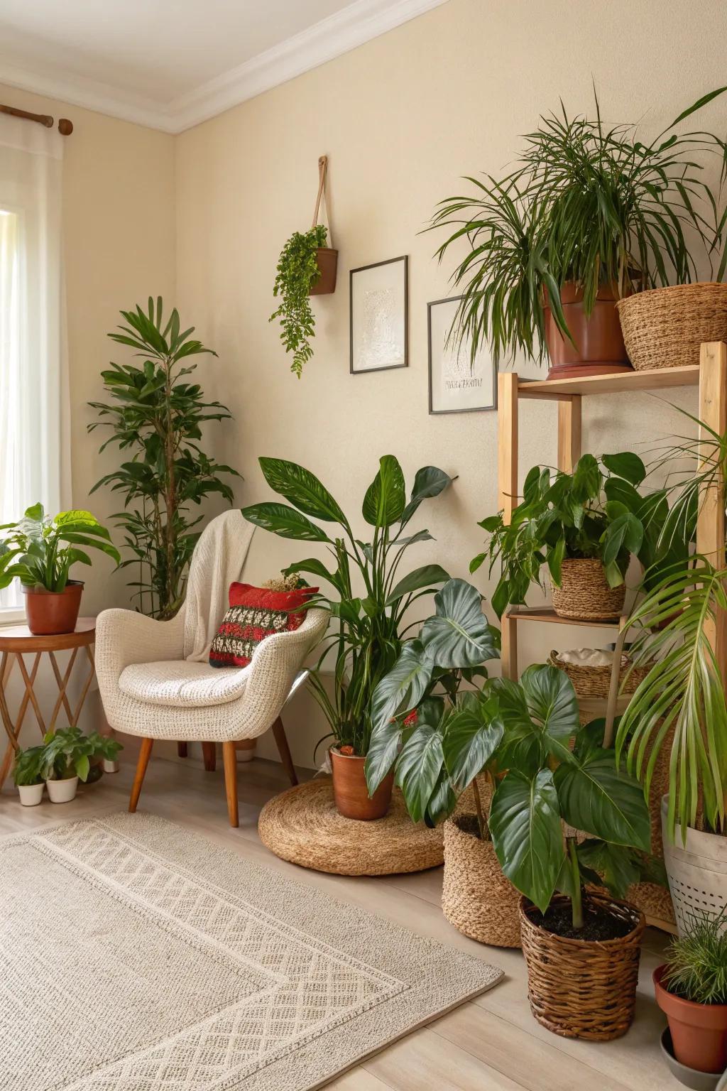 Verdure imparts a spirited and organic vibe to this beige interior.