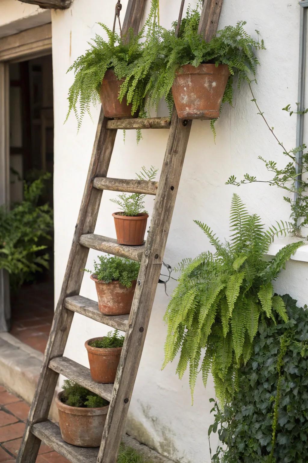 Rustic charm with ladder plant display.