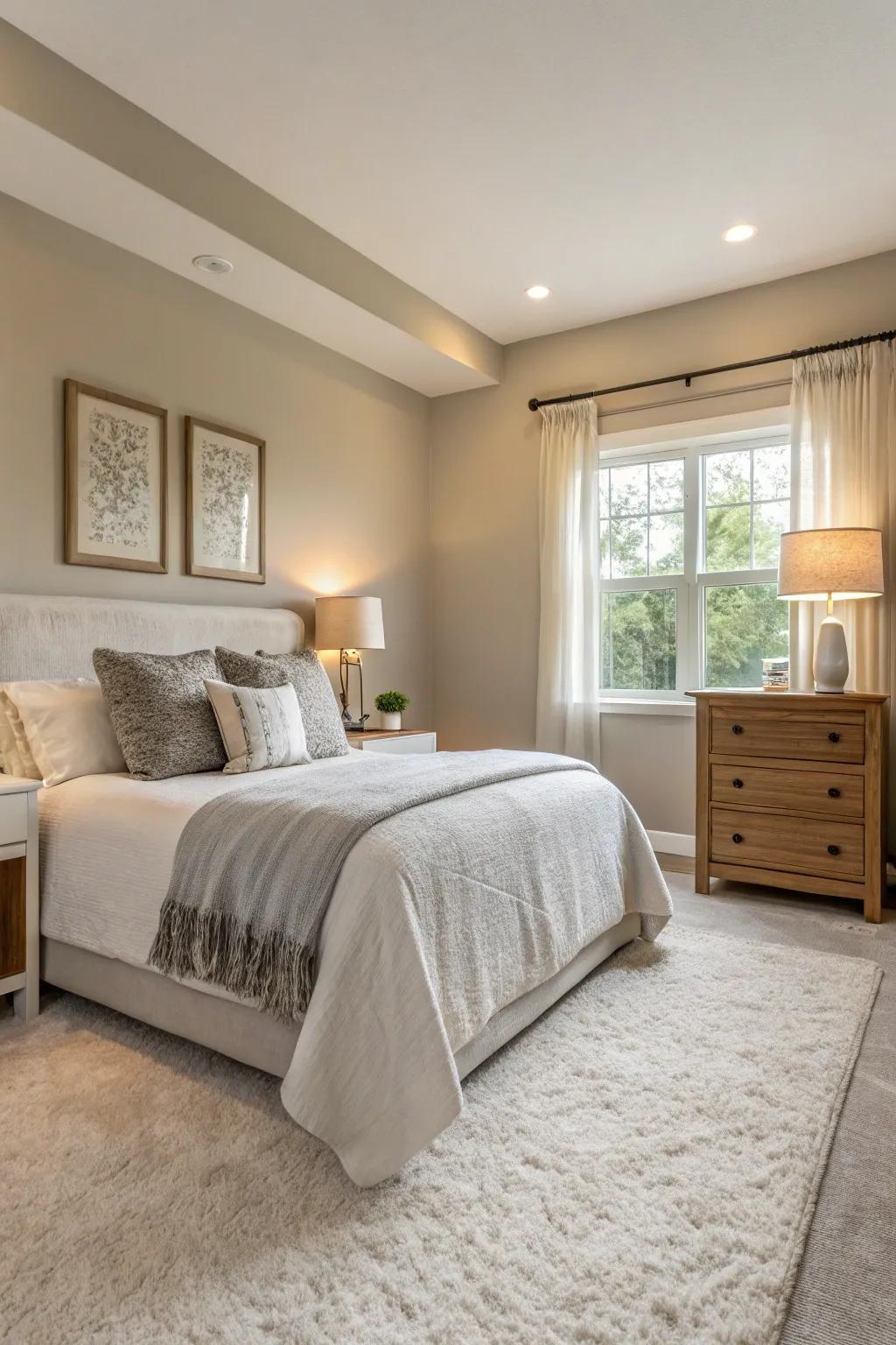 A peaceful bedroom featuring a neutral and subdued color scheme.
