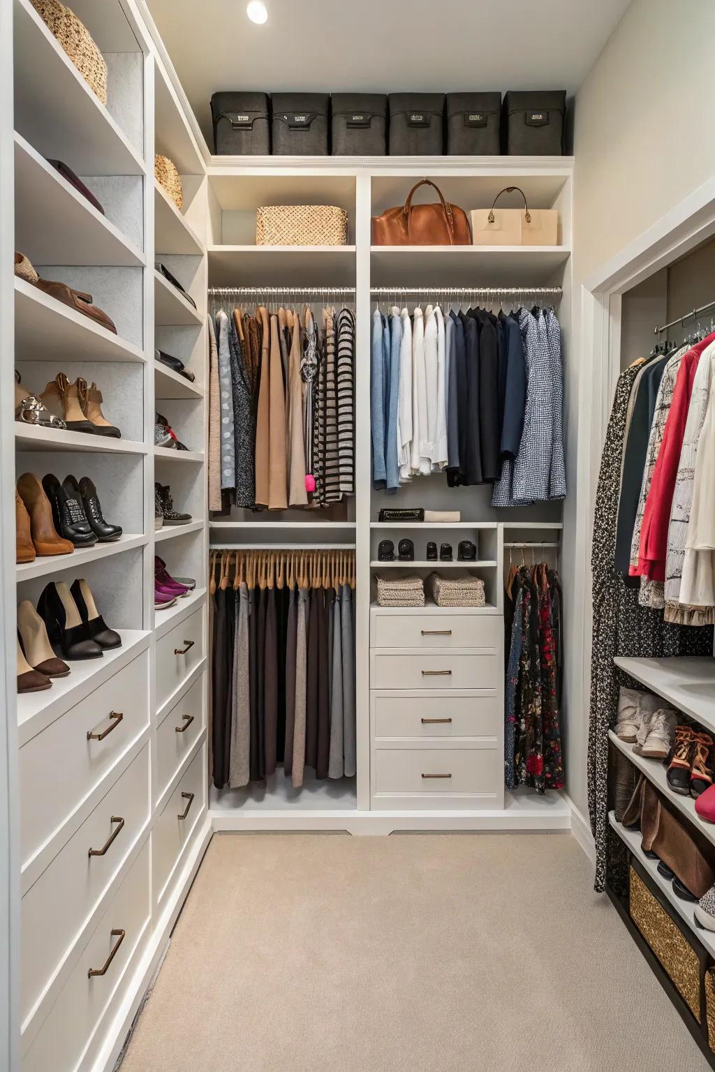 A closet with floor-to-ceiling shelves filled with neatly organized items.