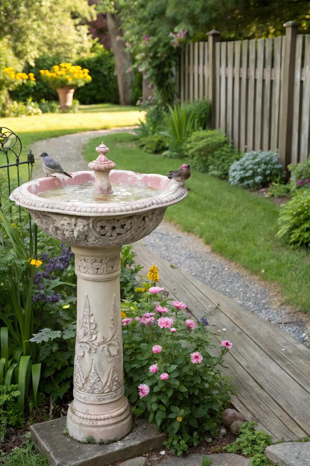 A reclaimed basin bird watering spot stands as an exceptional yard element.